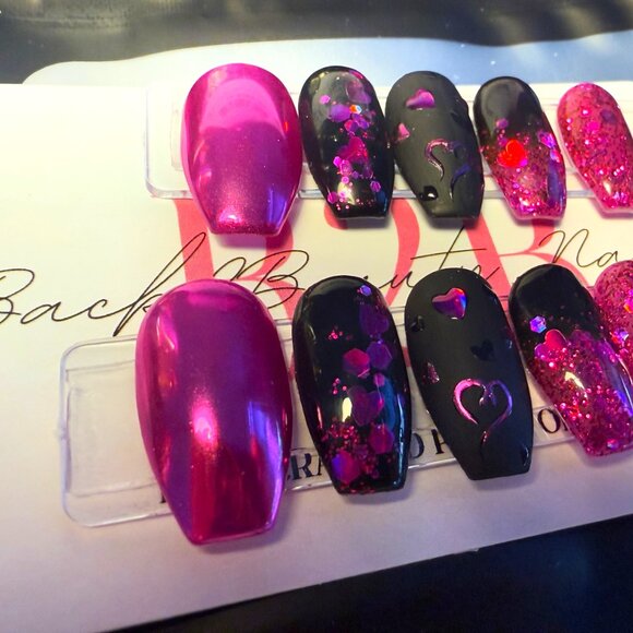 Pink/Purple and Black Valentine's Day Nails, Glitter Valentines Press on Nails, - Picture 4 of 9
